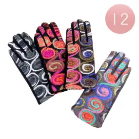 12Pairs Swirl Embroidery Fur Lining Touch Gloves