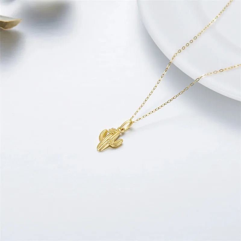 14k 18k Yellow Gold Cactus Pendant Necklace as Gifts for Women