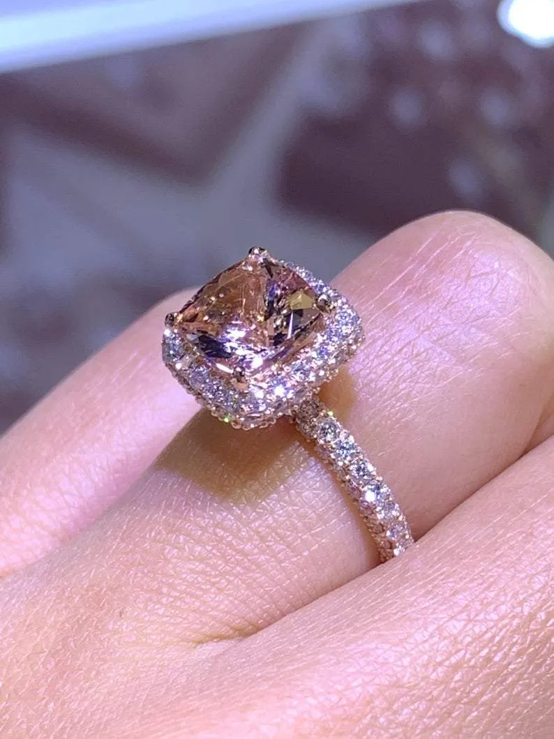 14K Gold Diamond Halo Ring with 2.00 Carat Cushion Cut Morganite Engagement Ring