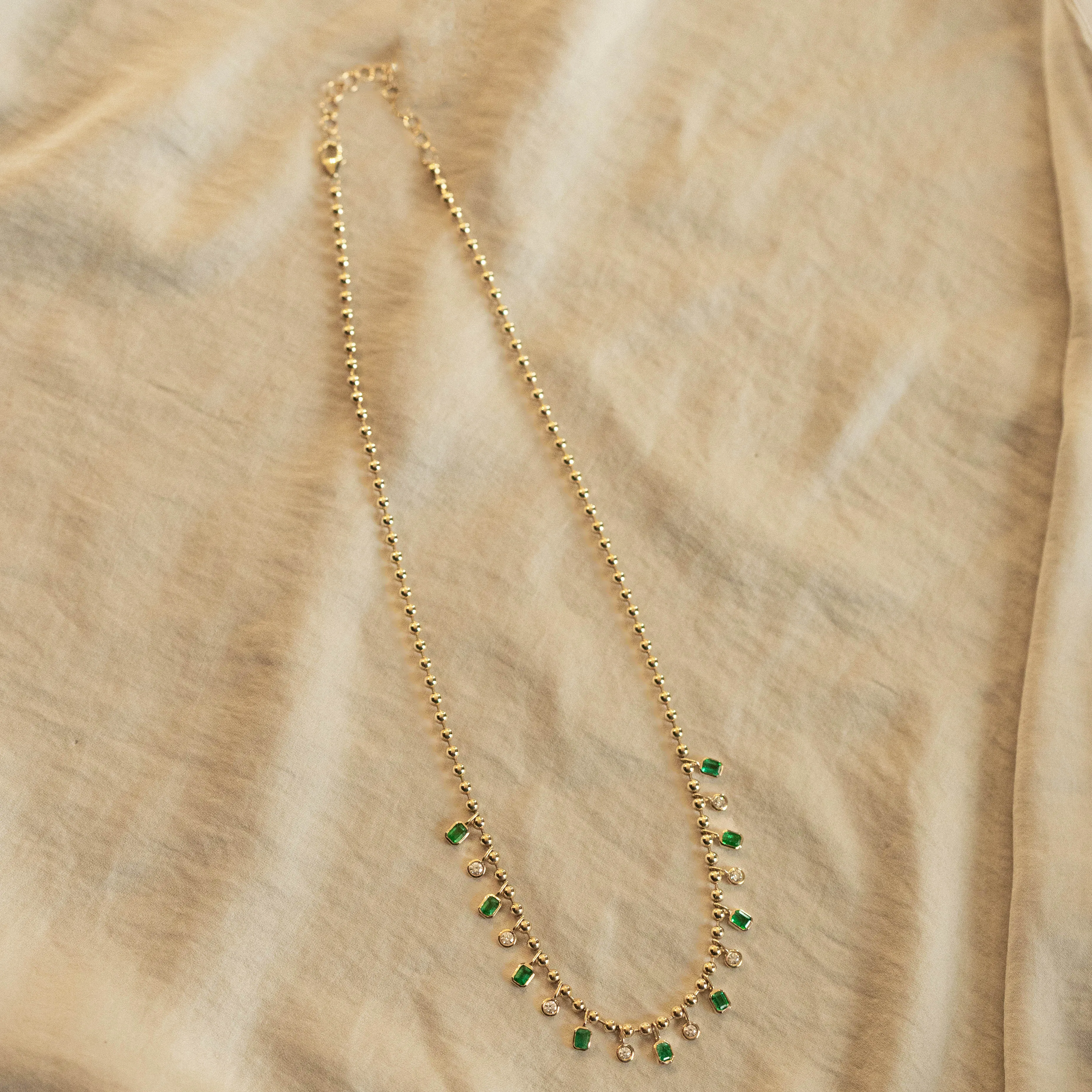 14K Gold Natural Emerald Diamond Bezel Bead Necklace