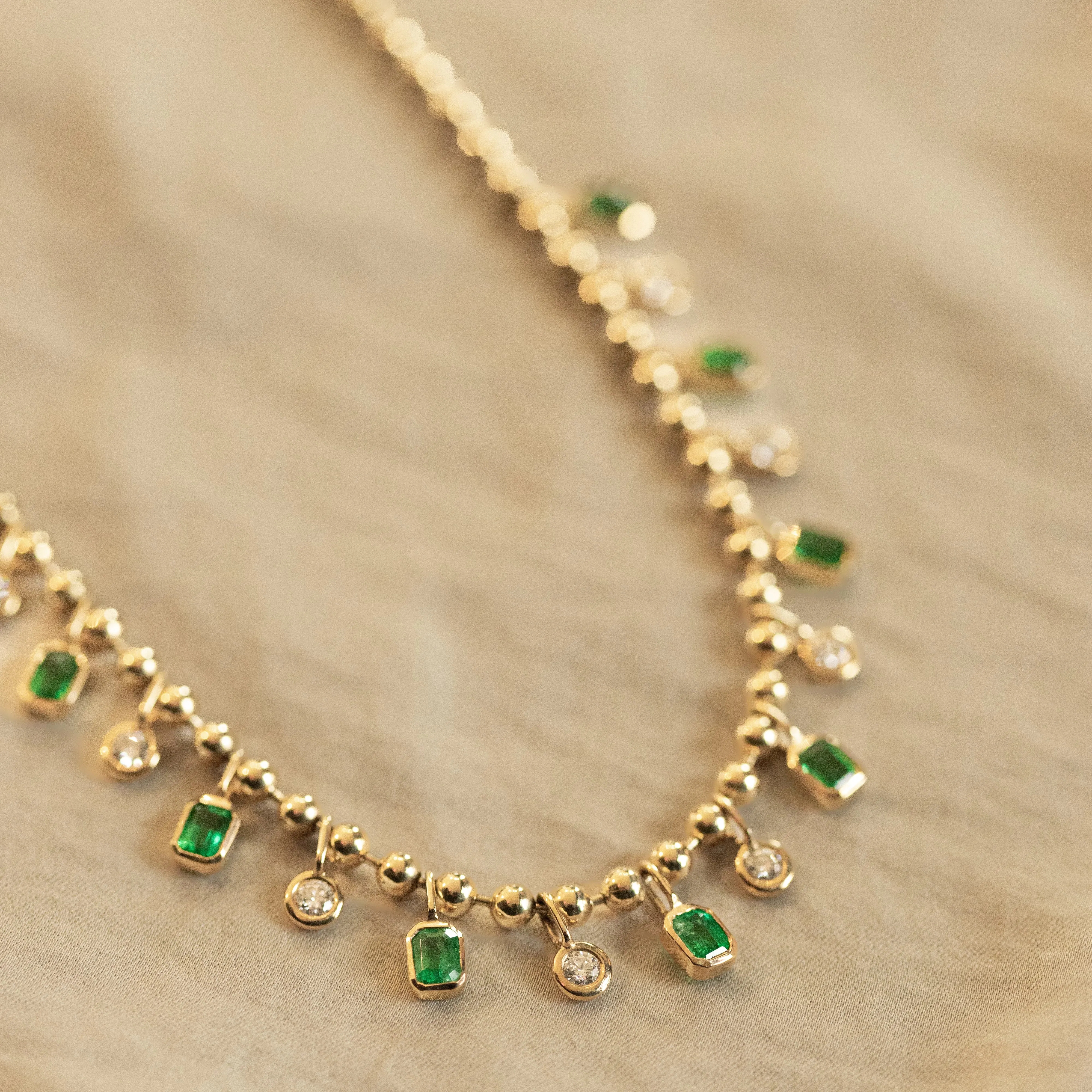 14K Gold Natural Emerald Diamond Bezel Bead Necklace