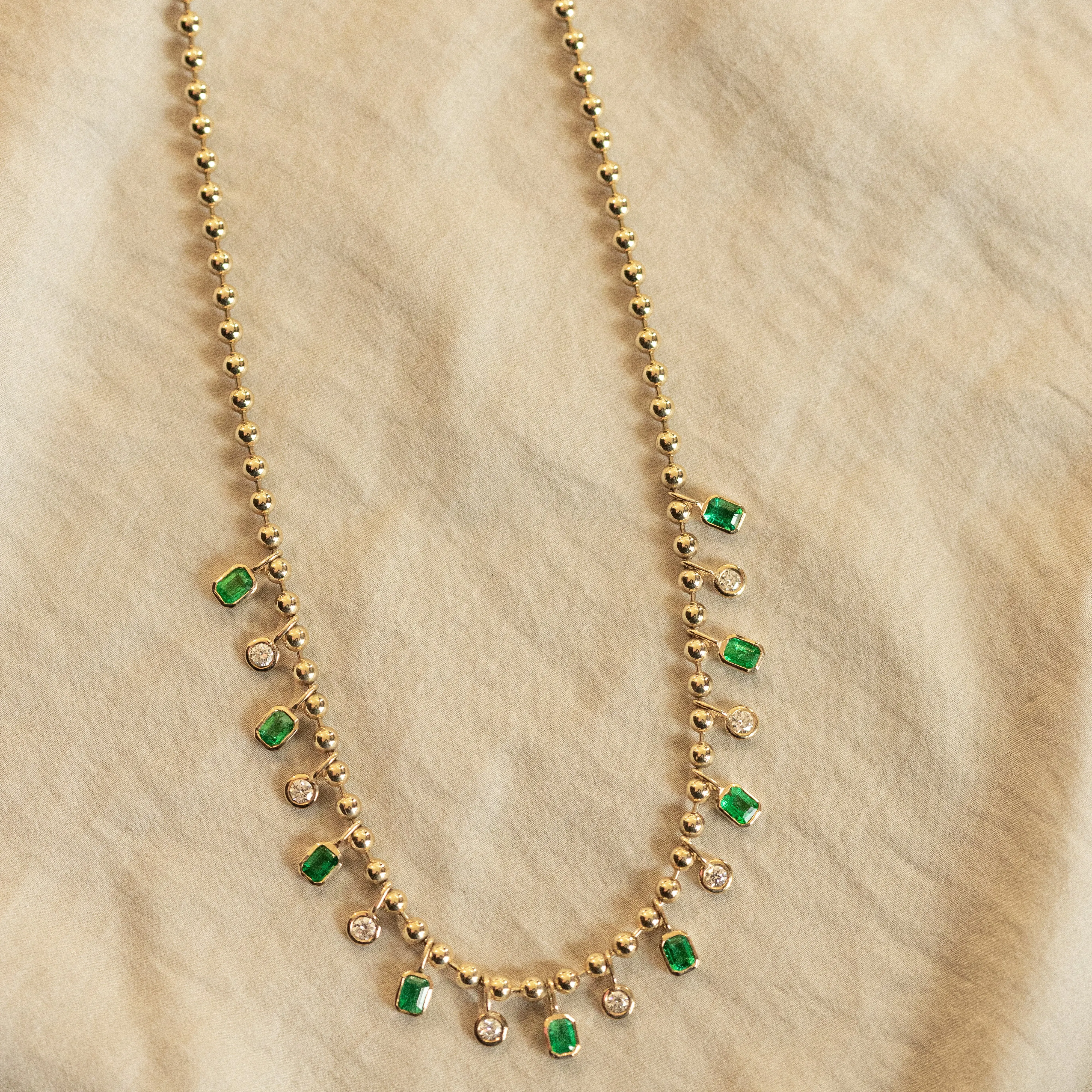 14K Gold Natural Emerald Diamond Bezel Bead Necklace