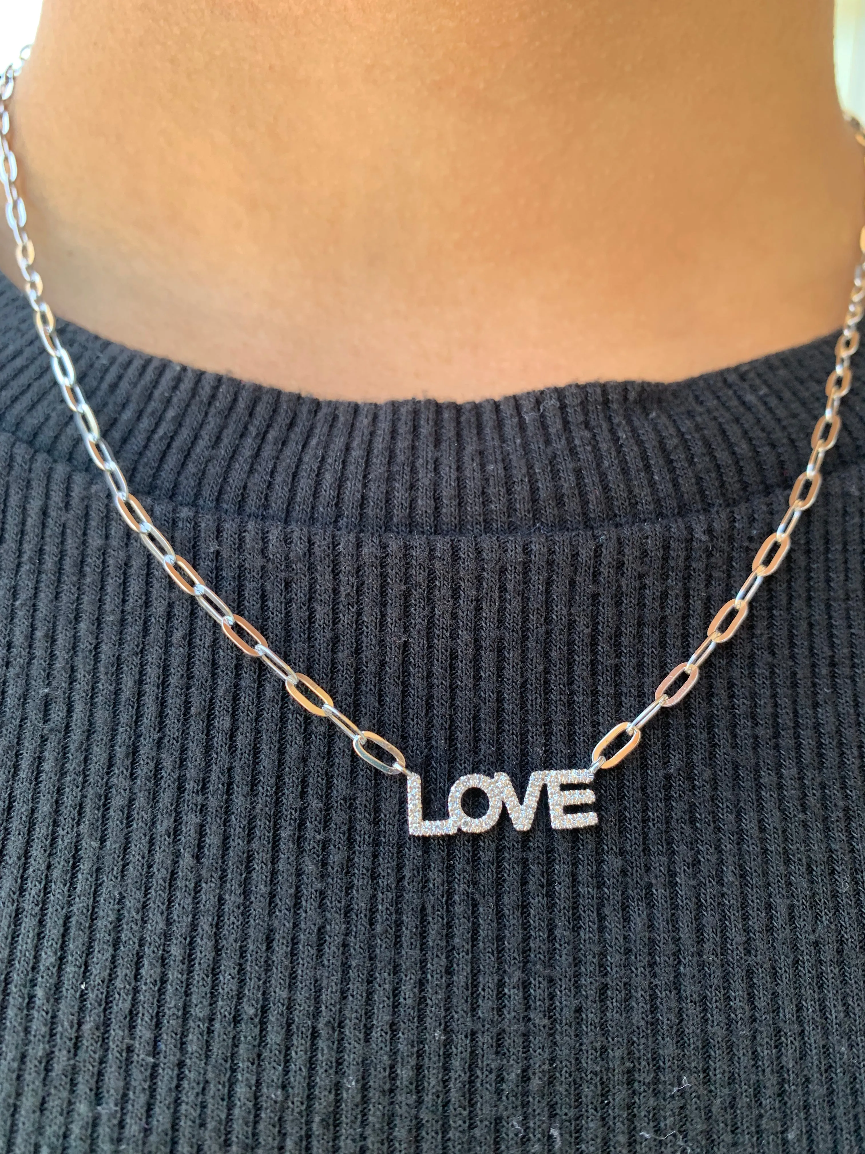 14k Gold Paperclip LOVE Diamond Necklace