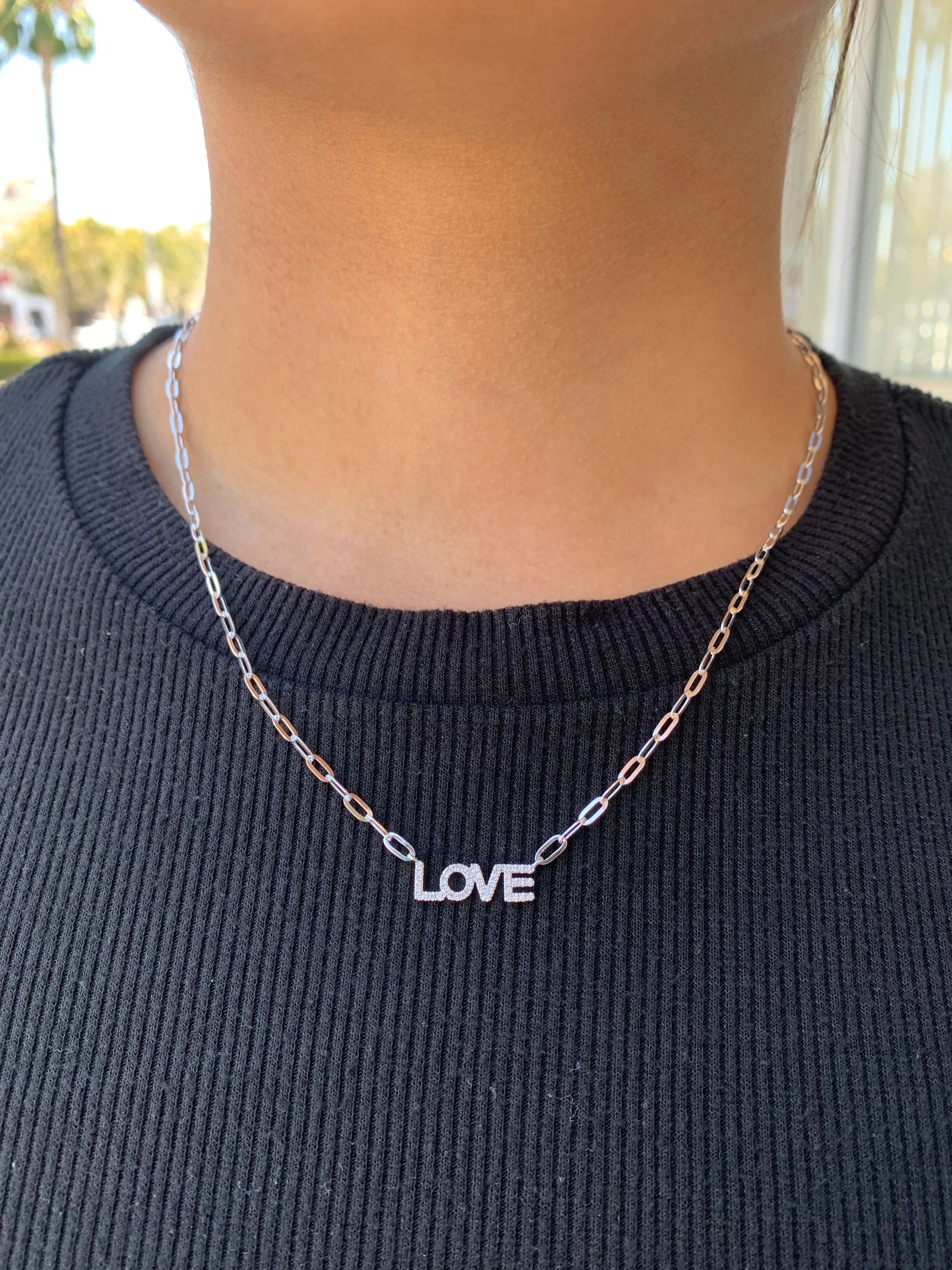 14k Gold Paperclip LOVE Diamond Necklace