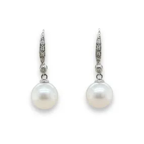 14K W Gold 8-9mm FWP Pearl and 0.10ctw Diamond Earrings