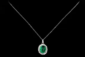 14K White Gold 4.28 Carat Cabochon Natural Emerald & Diamond Diamond Halo Pendant Necklace