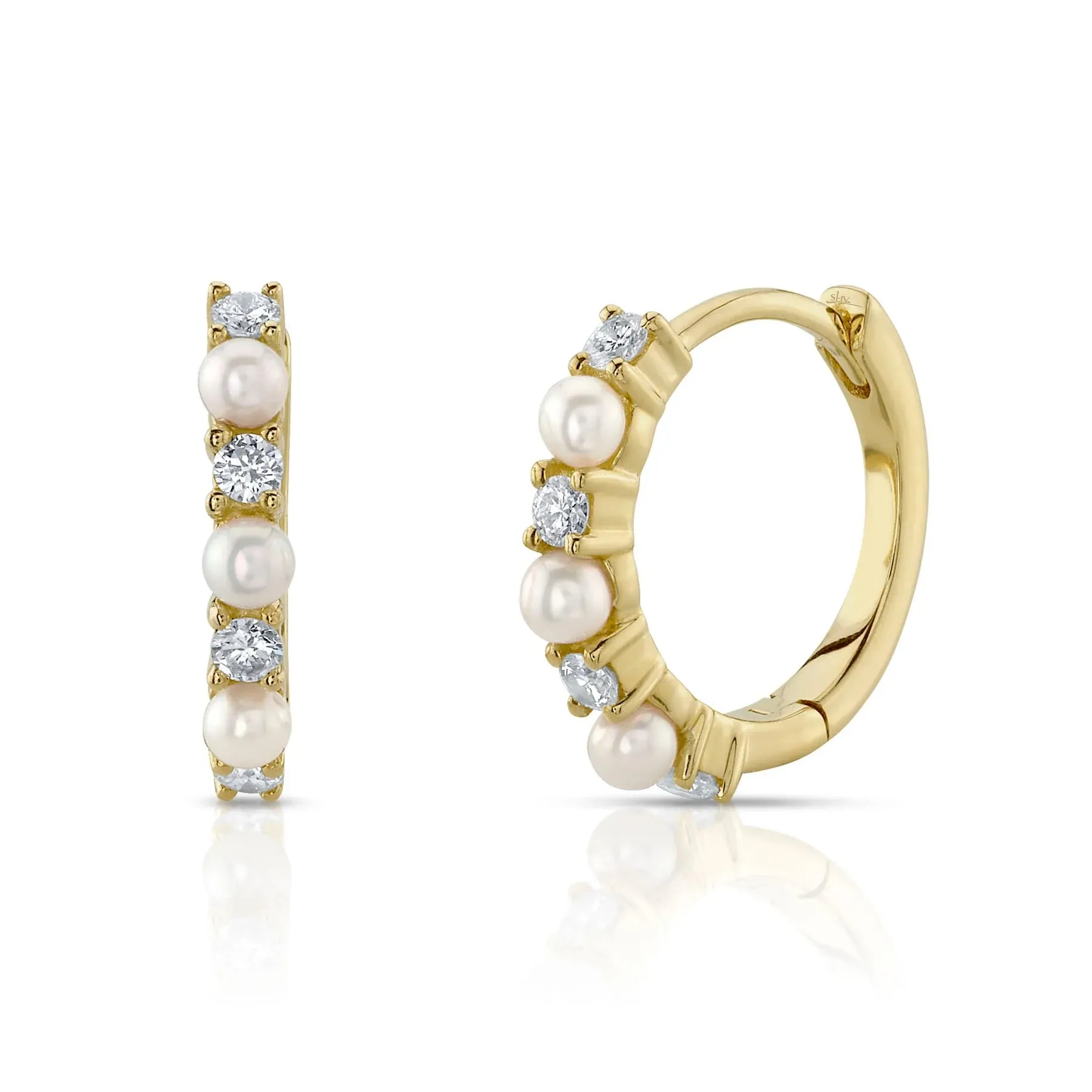 14K Yellow Gold 0.14 Carat Total Weight Diamond & Cultured Pearl Mini Huggie Earrings