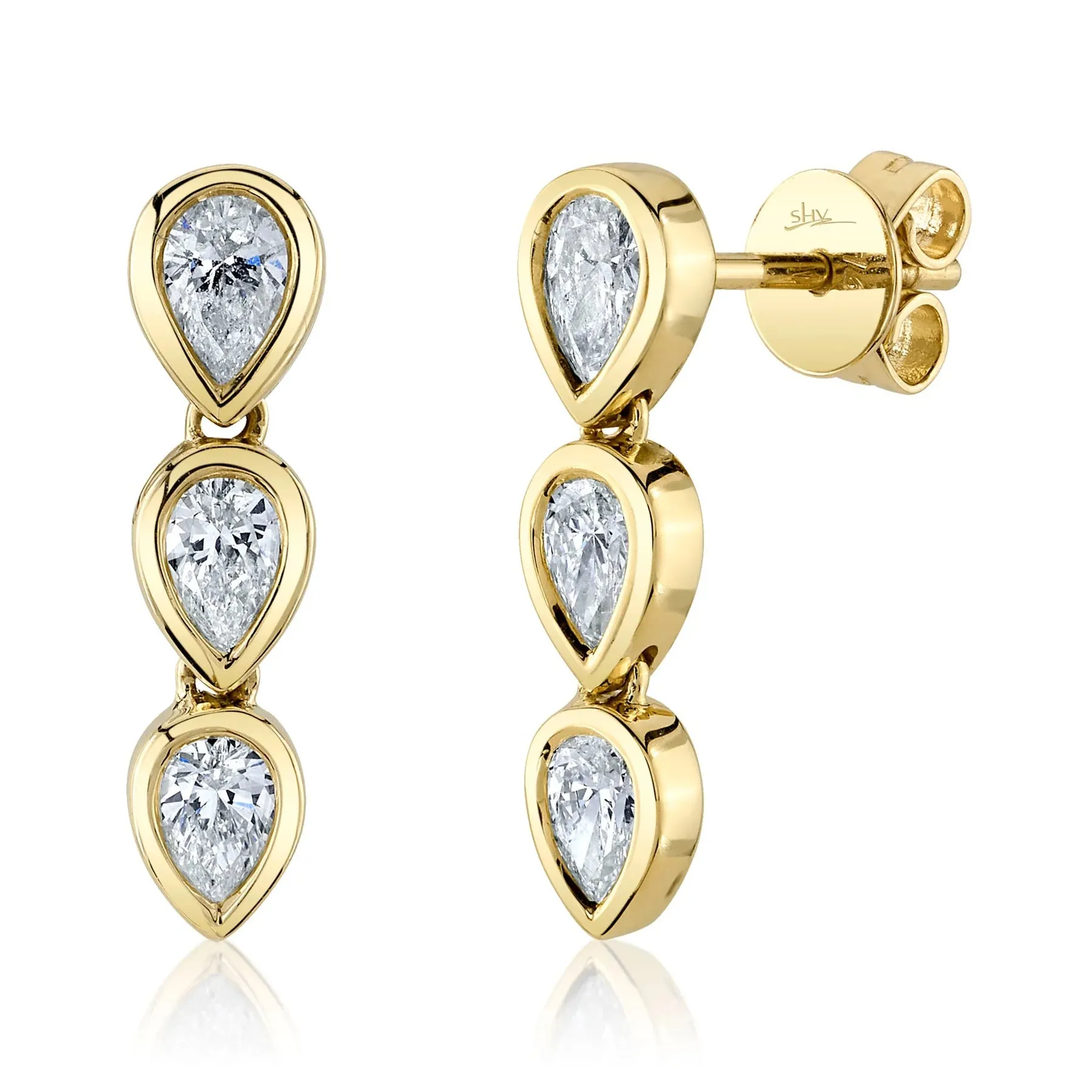 14K Yellow Gold 0.82 Carat Total Weight Diamond Pear Bezel Drop Earrings