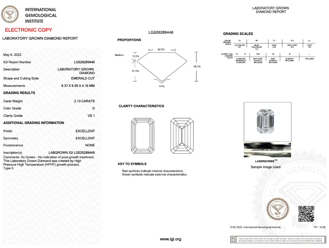 2.13CT Emerald D VS1 EX EX NONE LAB GROWN DIAMOND - LG526289446