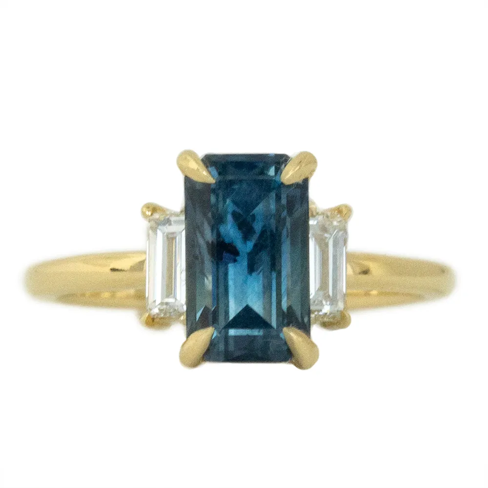 3.07ct Emerald Cut GIA Watercolor Blue Montana Sapphire Three Stone Ring with White Baguette Diamonds