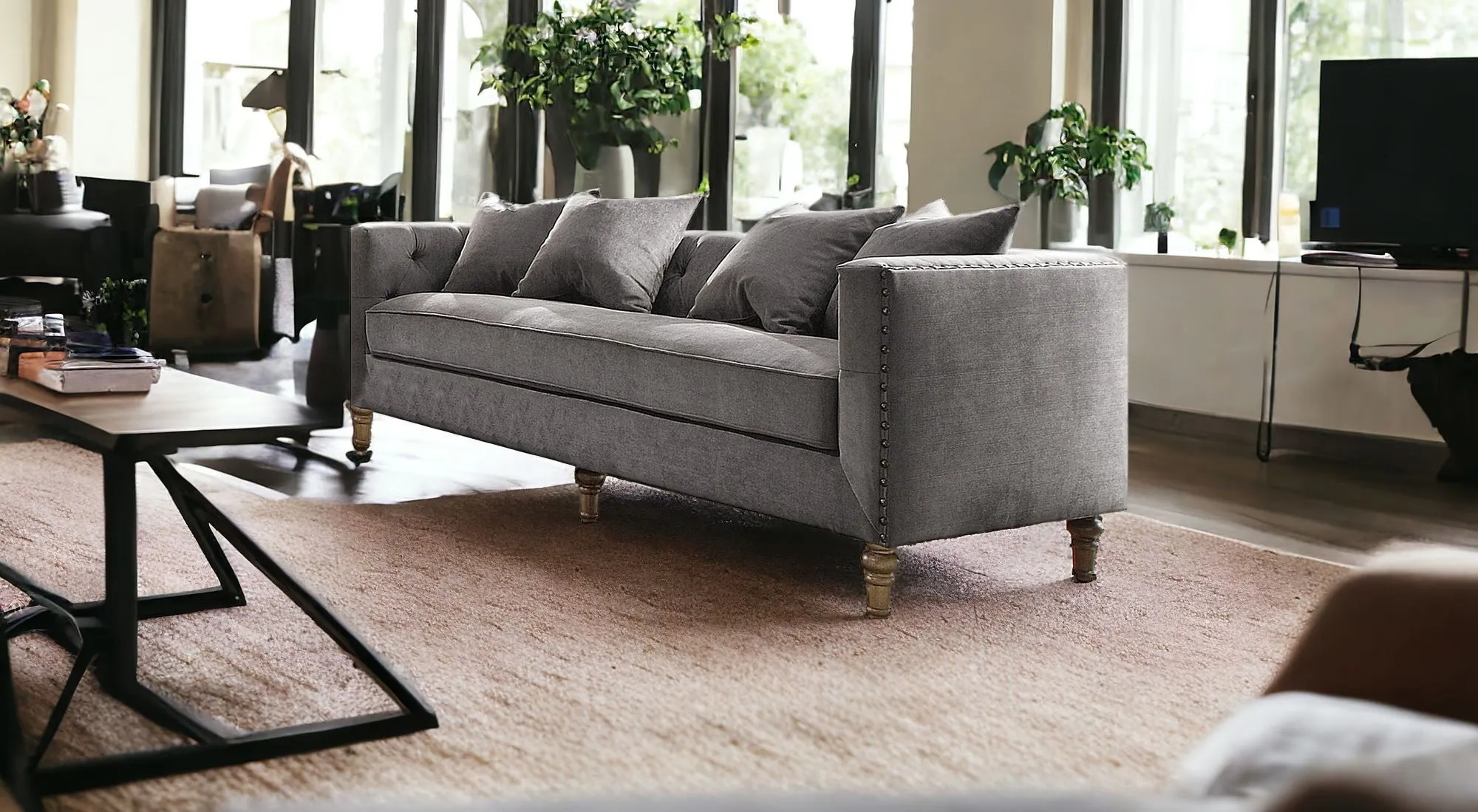 34 X 84 X 31 Gray Velvet Upholstery Sofa w4 Pillows