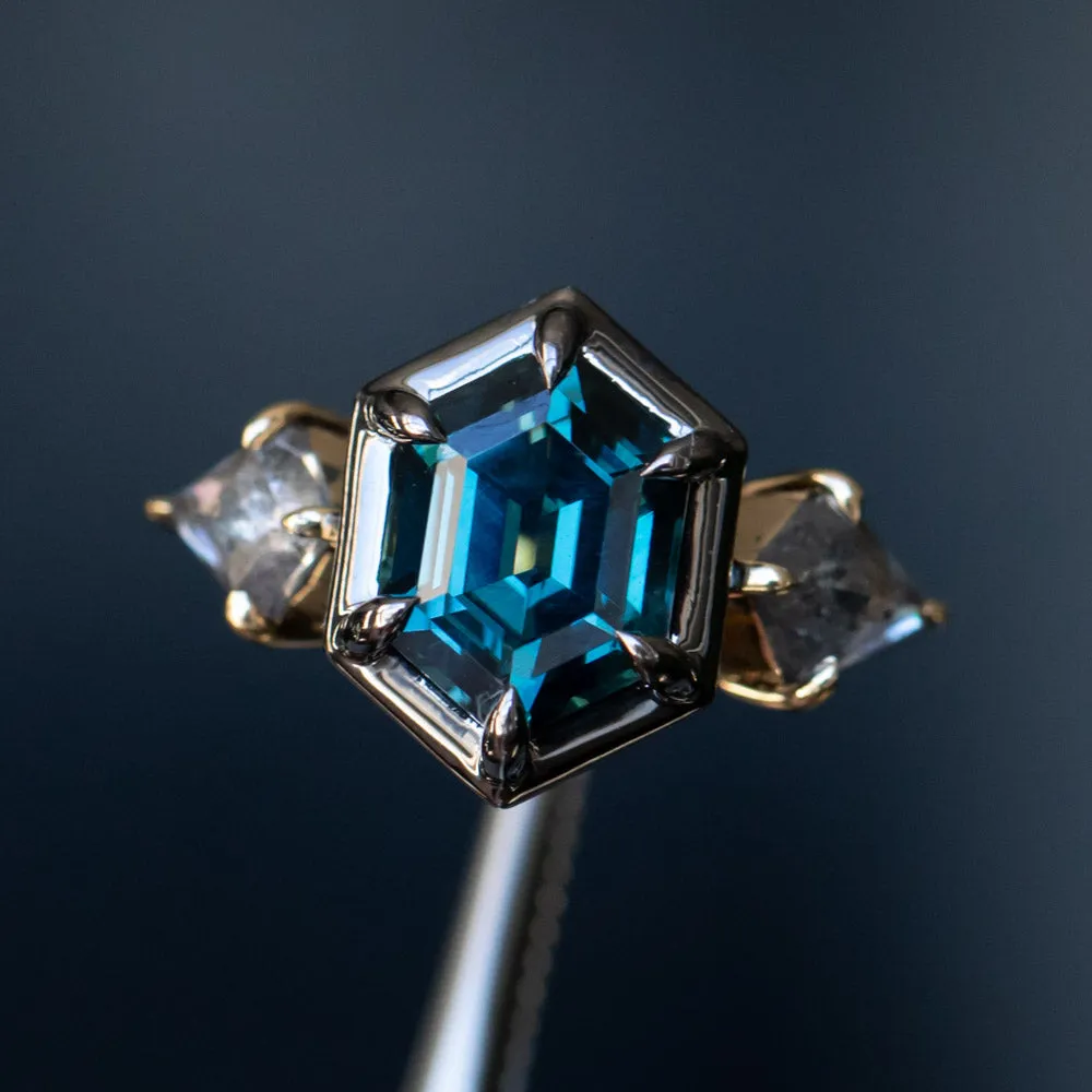 3.47ct Elongated Hexagon Deep Teal Sapphire and Salt and Pepper Diamond Three Stone Ring in 18k Yellow and Blackened Gold