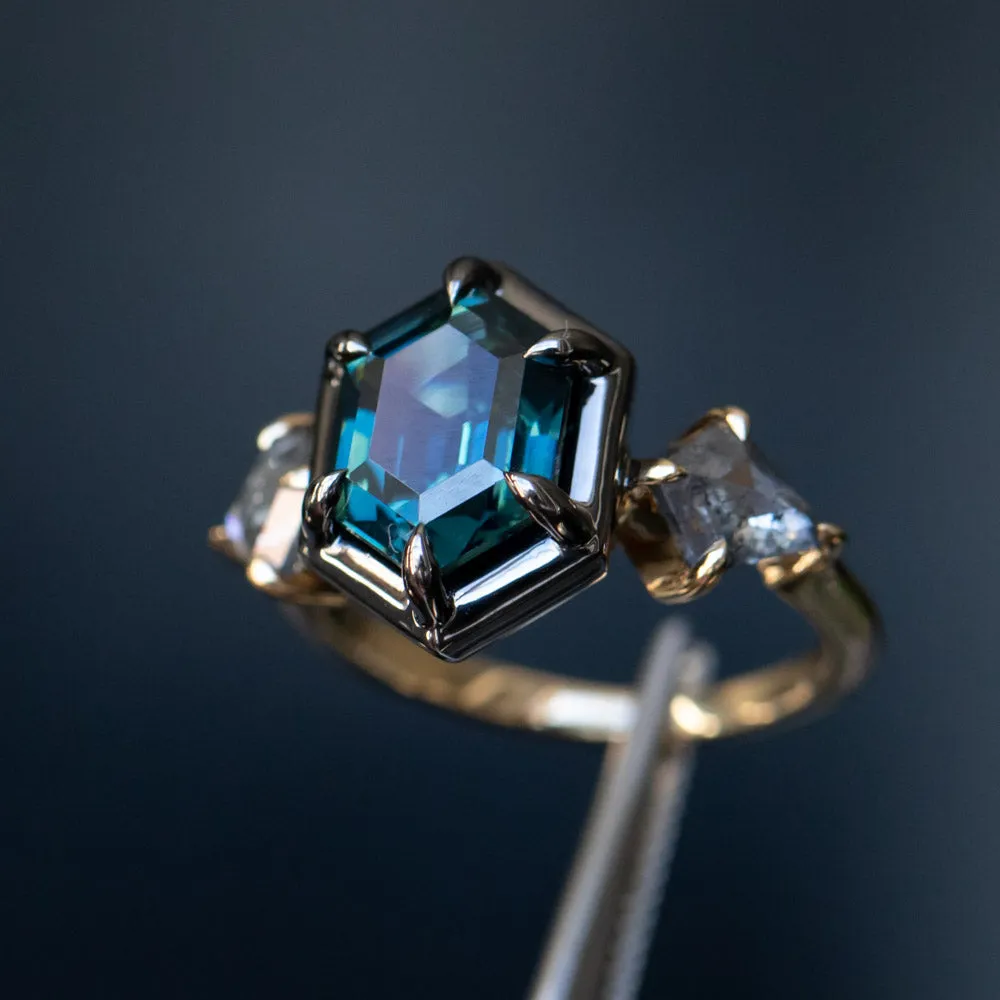 3.47ct Elongated Hexagon Deep Teal Sapphire and Salt and Pepper Diamond Three Stone Ring in 18k Yellow and Blackened Gold