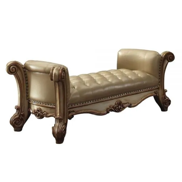 74 Beige and Gold Upholstered Faux Leather Bench