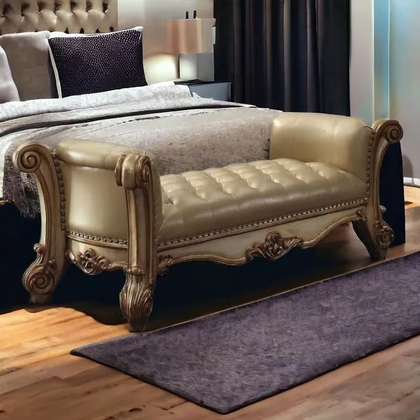 74 Beige and Gold Upholstered Faux Leather Bench