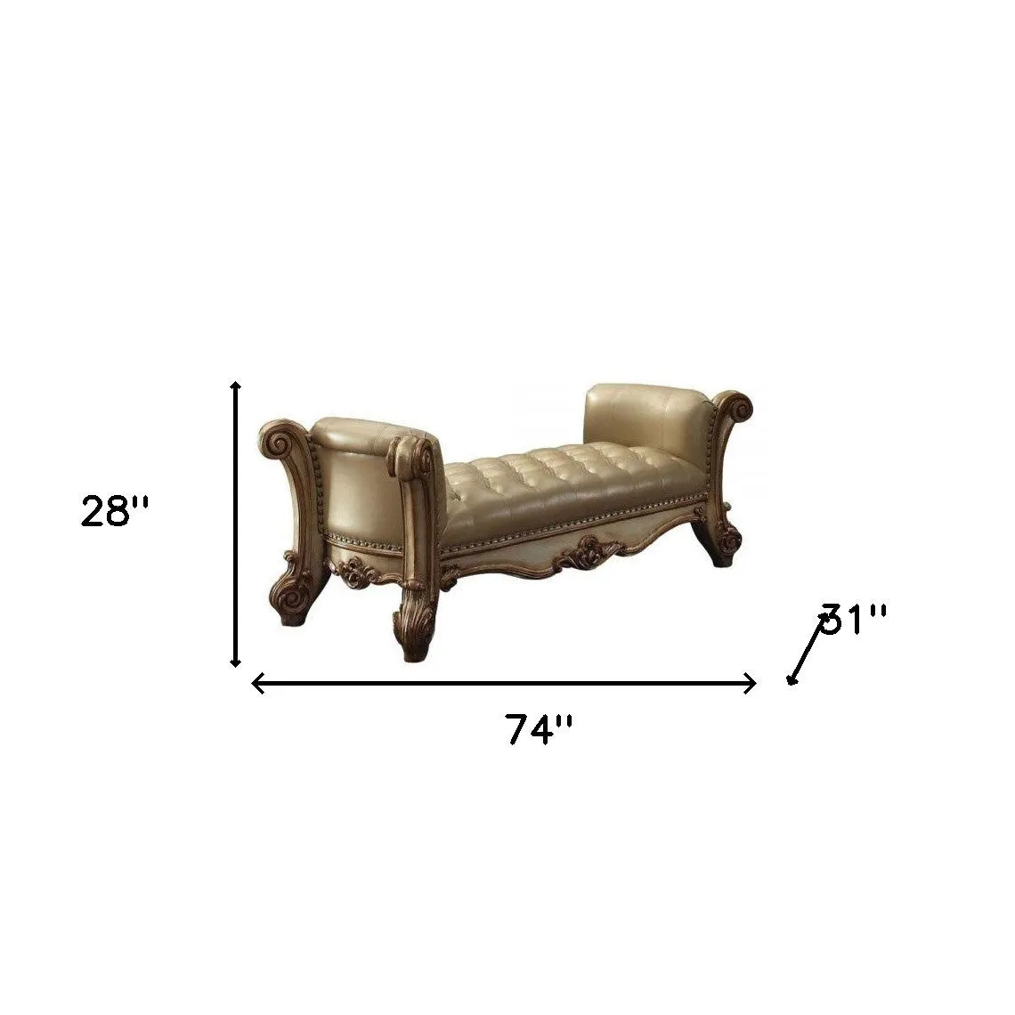 74 Beige and Gold Upholstered Faux Leather Bench