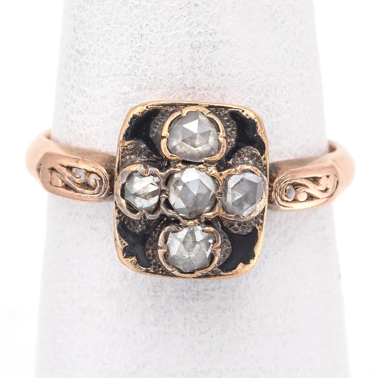 Antique 18K Yellow Gold 0.45 TCW Rose Cut Diamond Black Enamel Band Ring