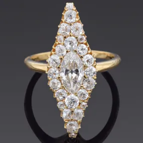 Antique 1.90TCW Diamond 18K Yellow Gold Marquise Cocktail Ring Size 6.5 with Box