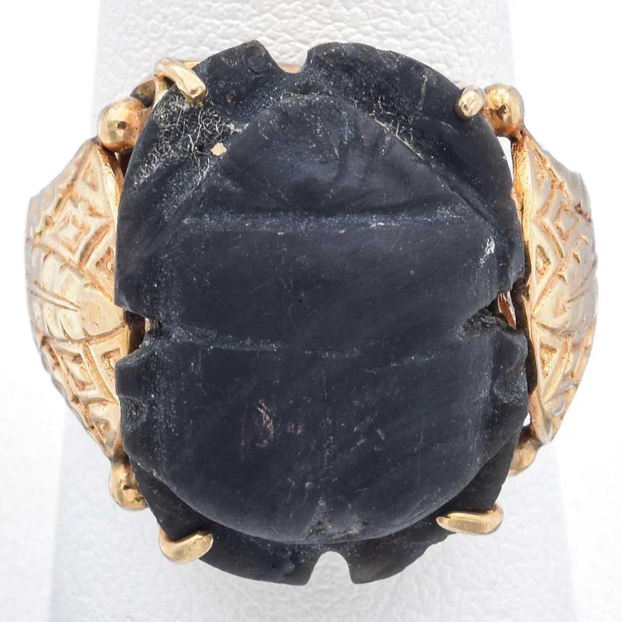 Antique Black Jasper 14K Yellow Gold Carved Scarab Cocktail Ring Size 8.5