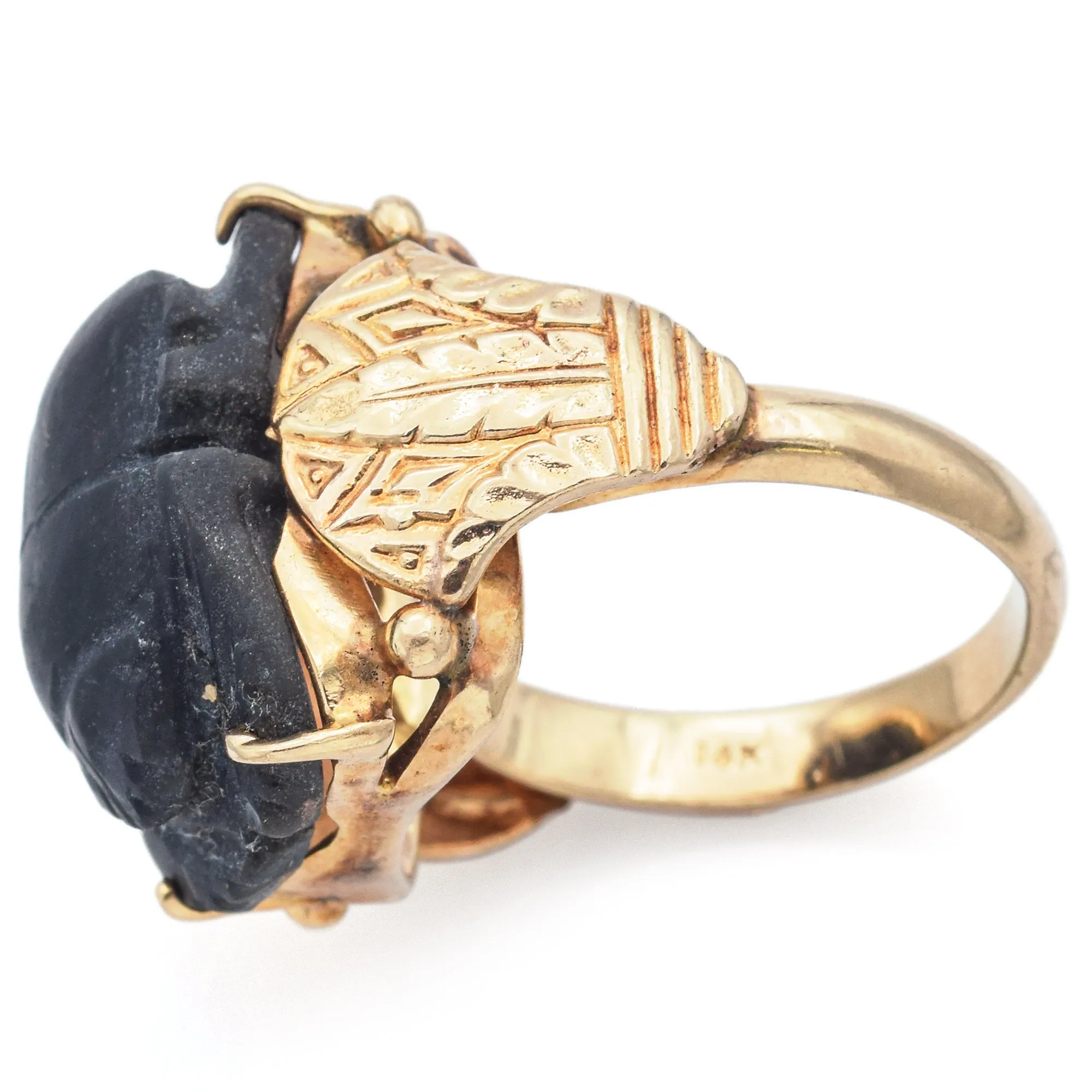 Antique Black Jasper 14K Yellow Gold Carved Scarab Cocktail Ring Size 8.5