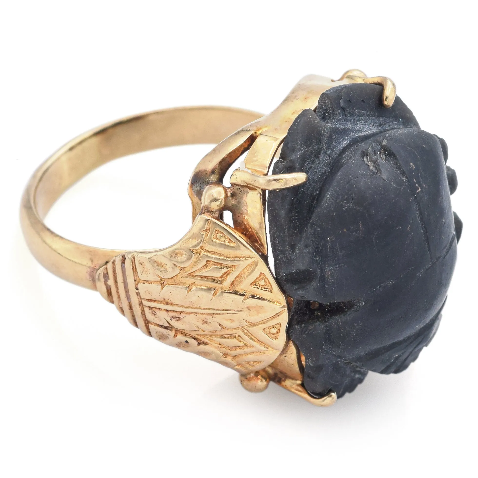 Antique Black Jasper 14K Yellow Gold Carved Scarab Cocktail Ring Size 8.5