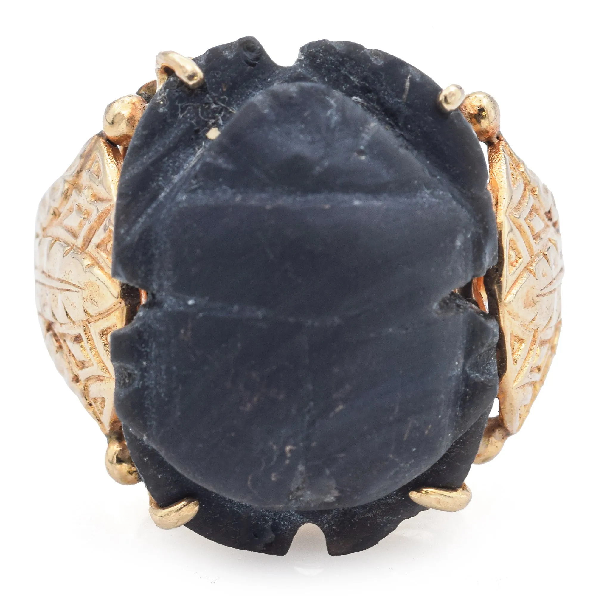 Antique Black Jasper 14K Yellow Gold Carved Scarab Cocktail Ring Size 8.5