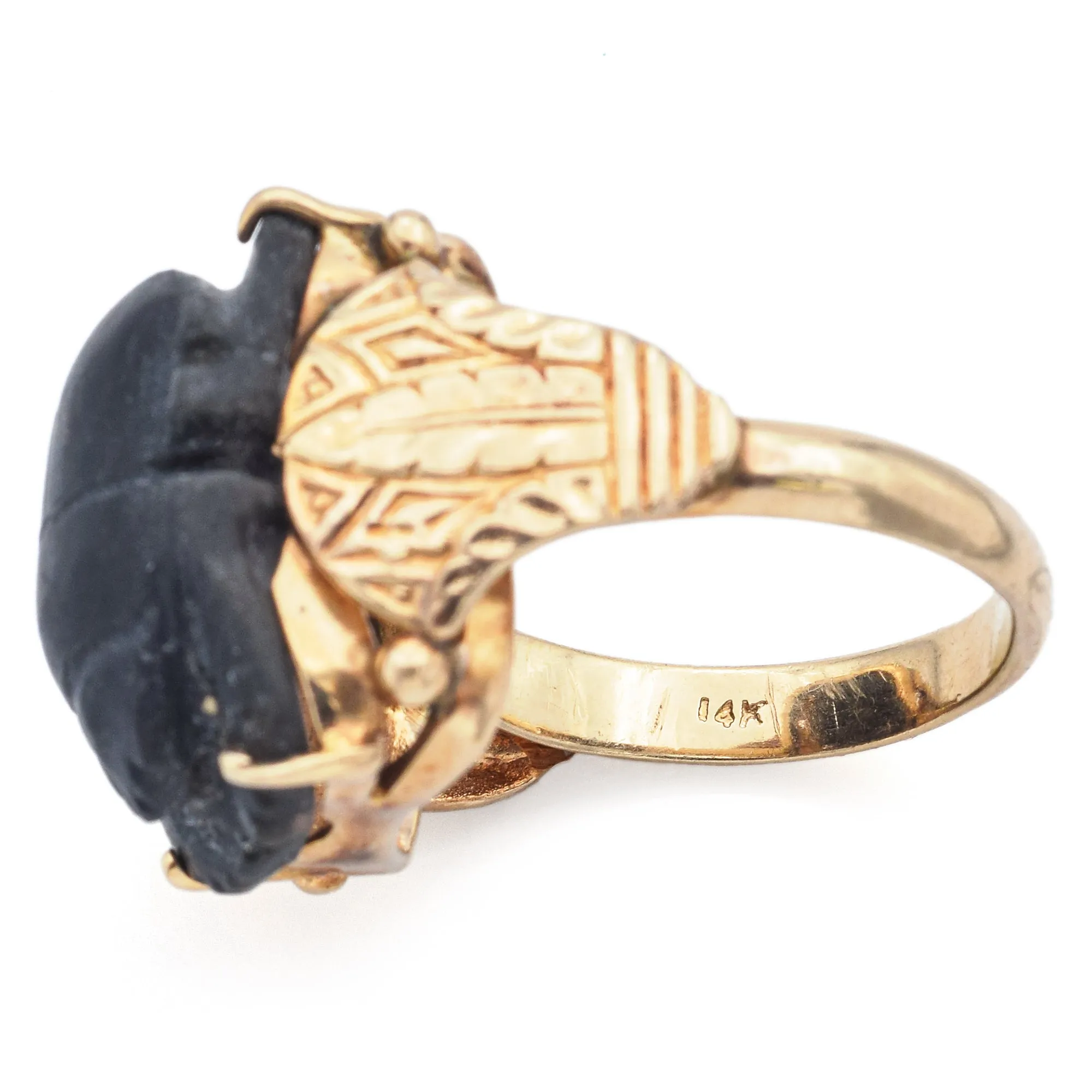 Antique Black Jasper 14K Yellow Gold Carved Scarab Cocktail Ring Size 8.5