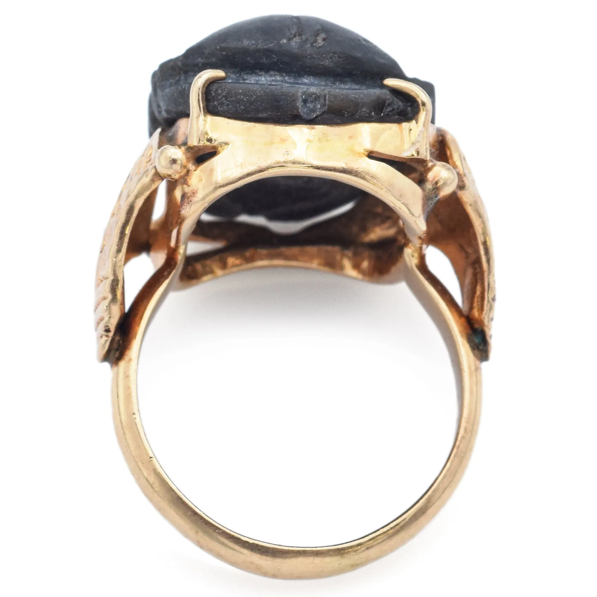 Antique Black Jasper 14K Yellow Gold Carved Scarab Cocktail Ring Size 8.5