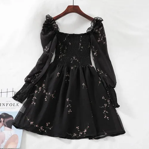 Beautiful Autumn Womens Sexy Black Dress Vintage Flower Long Puff Sleeve