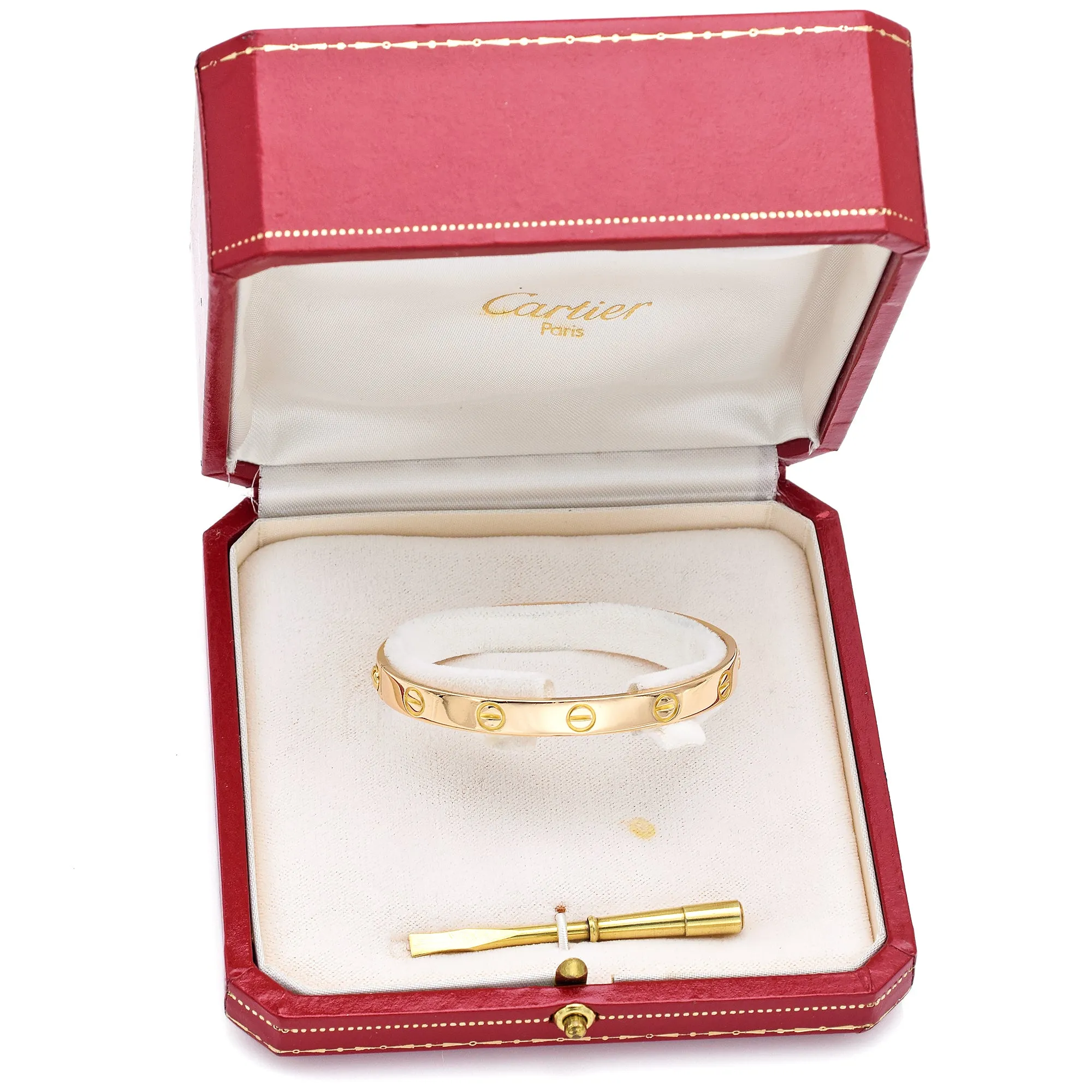 CARTIER 18K Yellow Gold Screw Love Bracelet Size 16   Box, Screwdriver