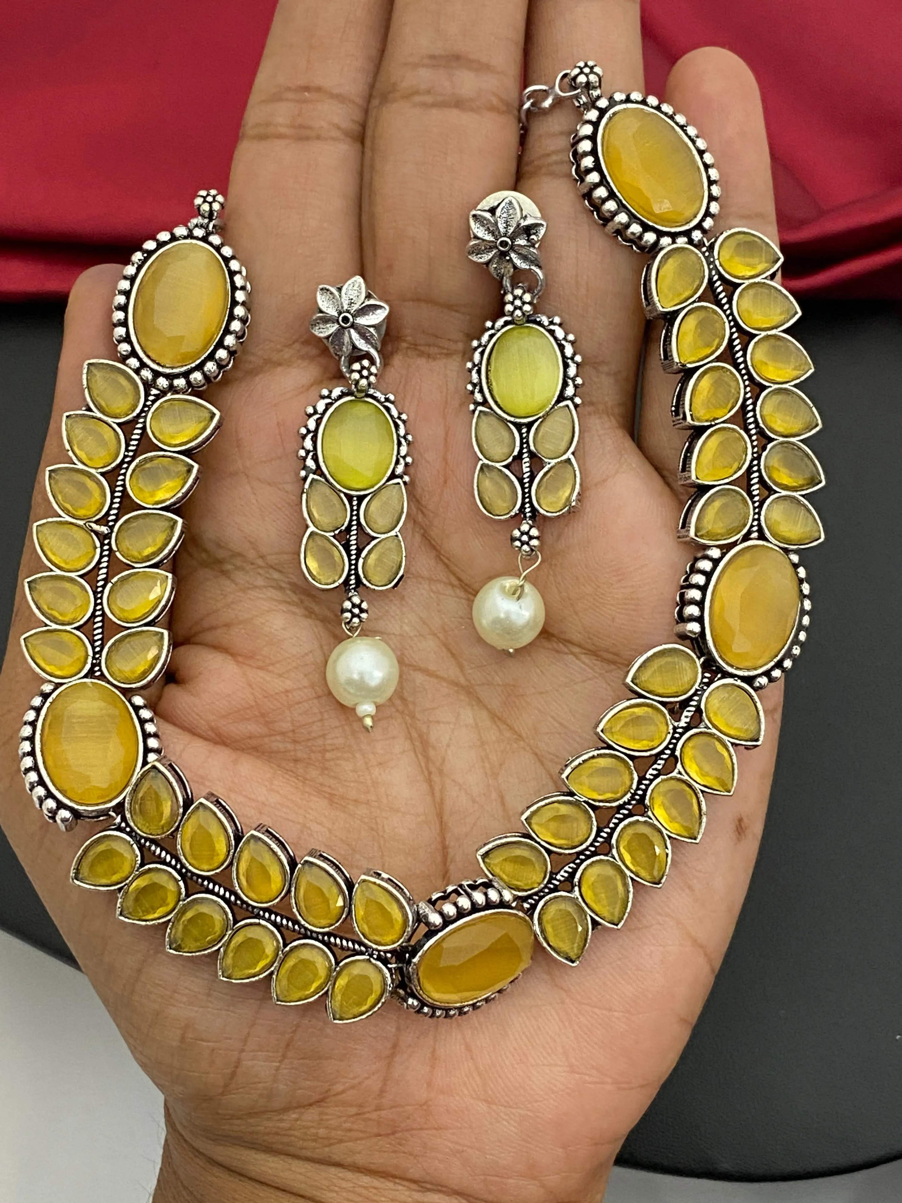 Classy Premium Yellow Stone Studded German Silver Oxidized Necklace With Earrings