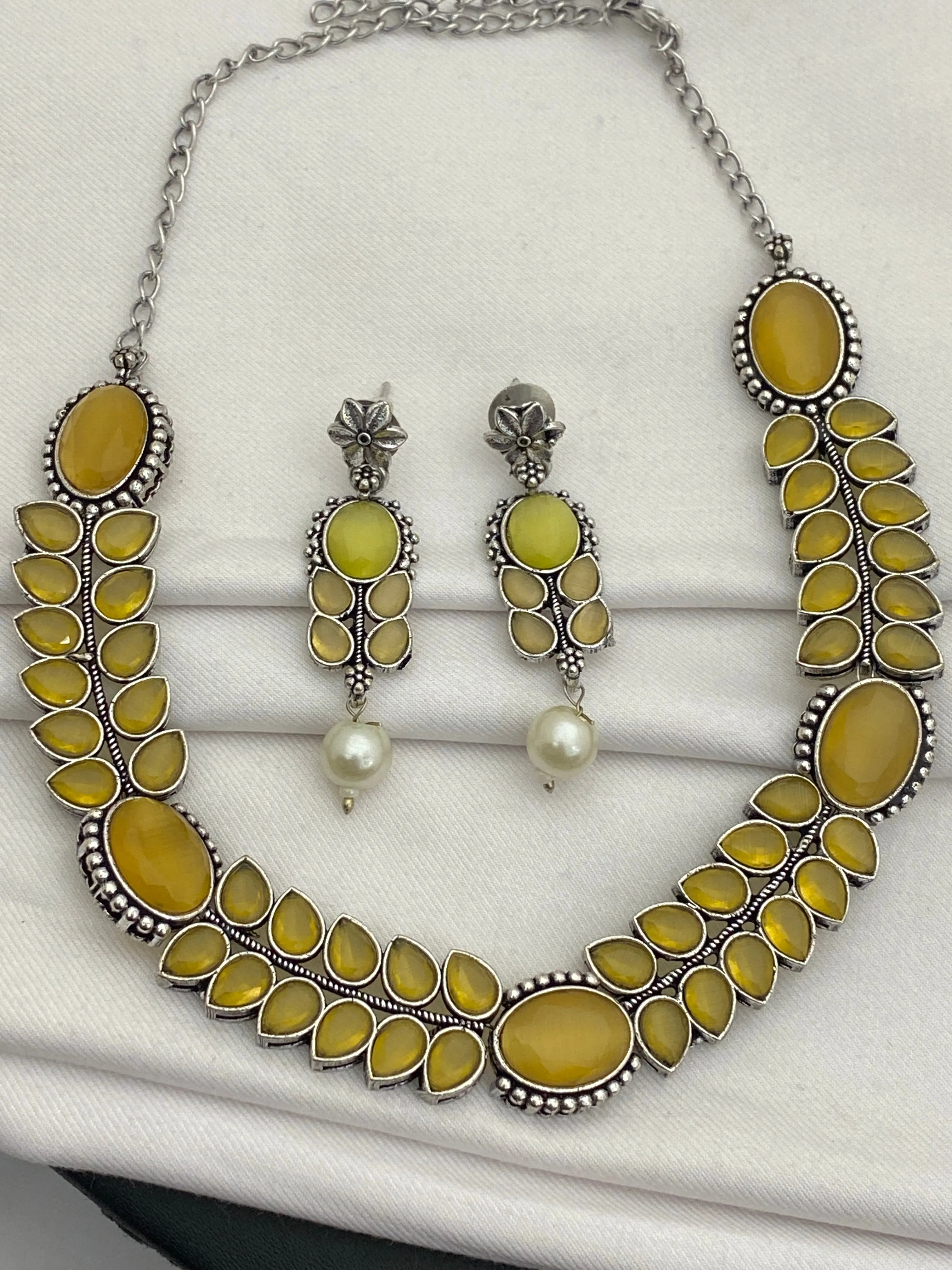 Classy Premium Yellow Stone Studded German Silver Oxidized Necklace With Earrings