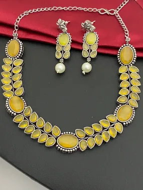 Classy Premium Yellow Stone Studded German Silver Oxidized Necklace With Earrings