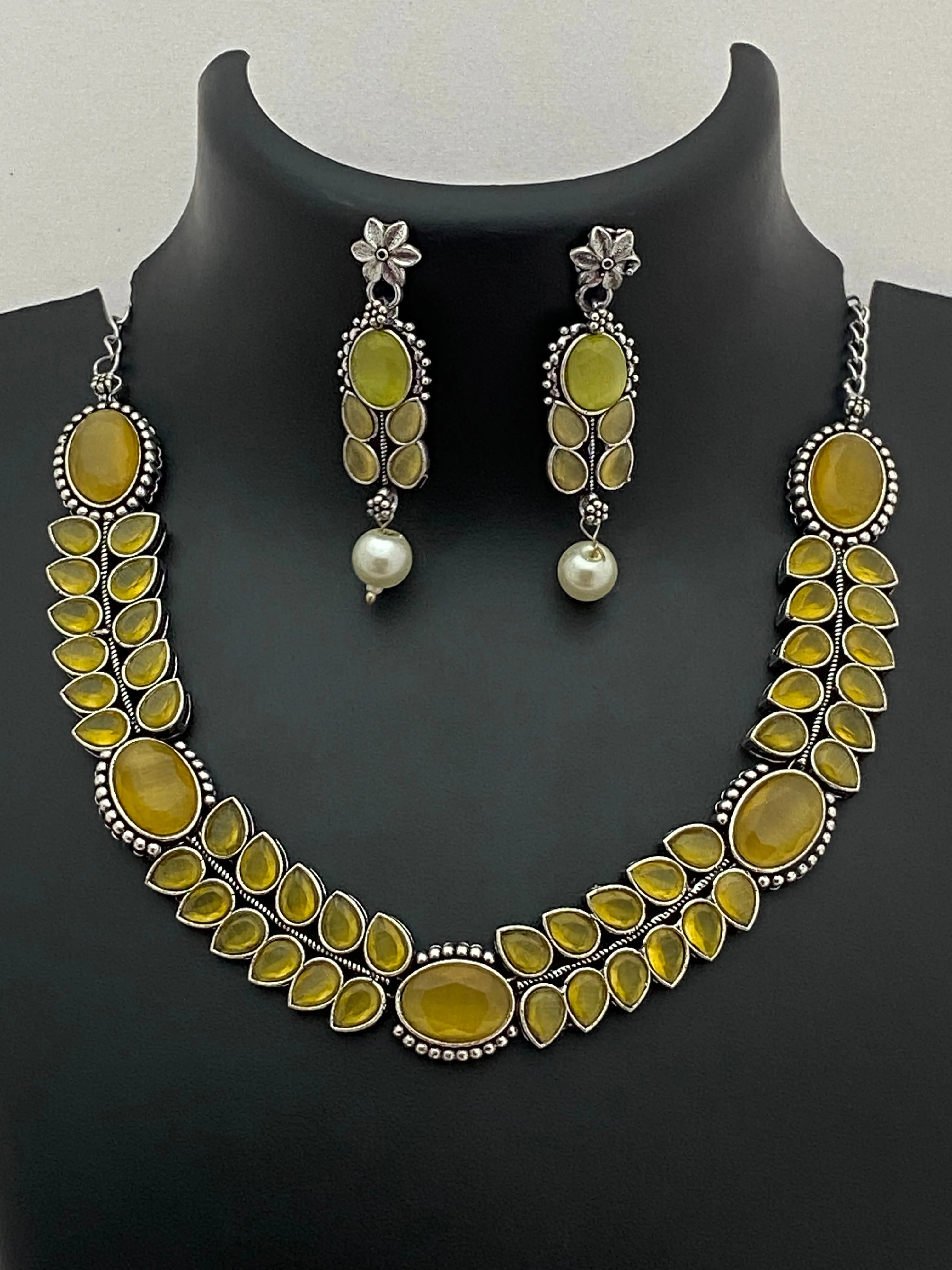 Classy Premium Yellow Stone Studded German Silver Oxidized Necklace With Earrings