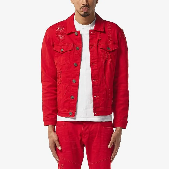 Copper Rivet Ripped Denim Jacket (Red)