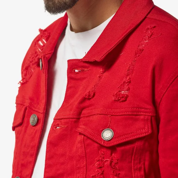 Copper Rivet Ripped Denim Jacket (Red)