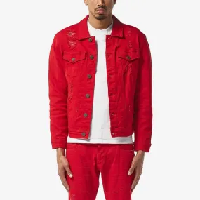 Copper Rivet Ripped Denim Jacket (Red)