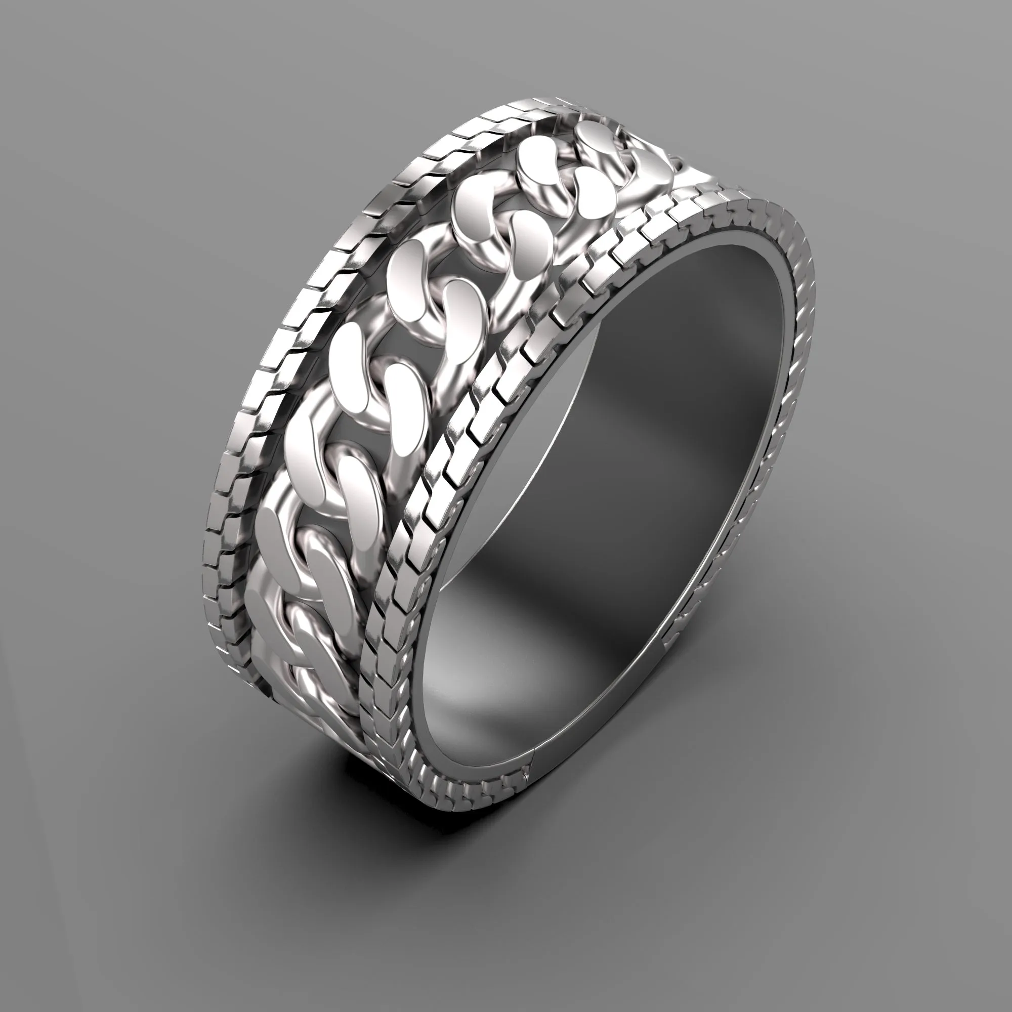 Cuban Link Ring, Chain Band Mens Sterling Silver Ring