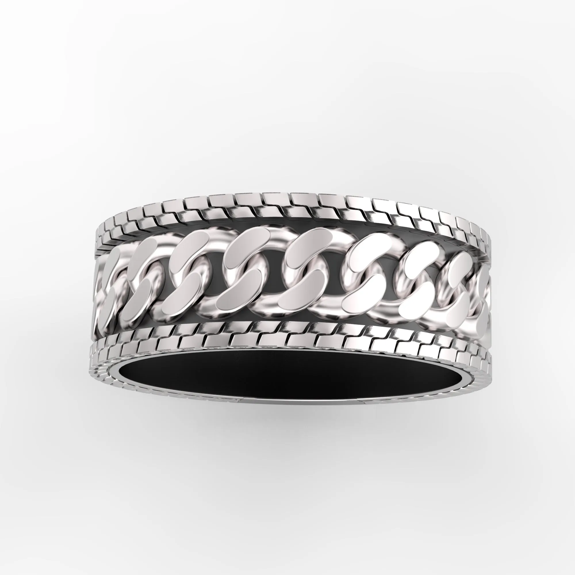 Cuban Link Ring, Chain Band Mens Sterling Silver Ring