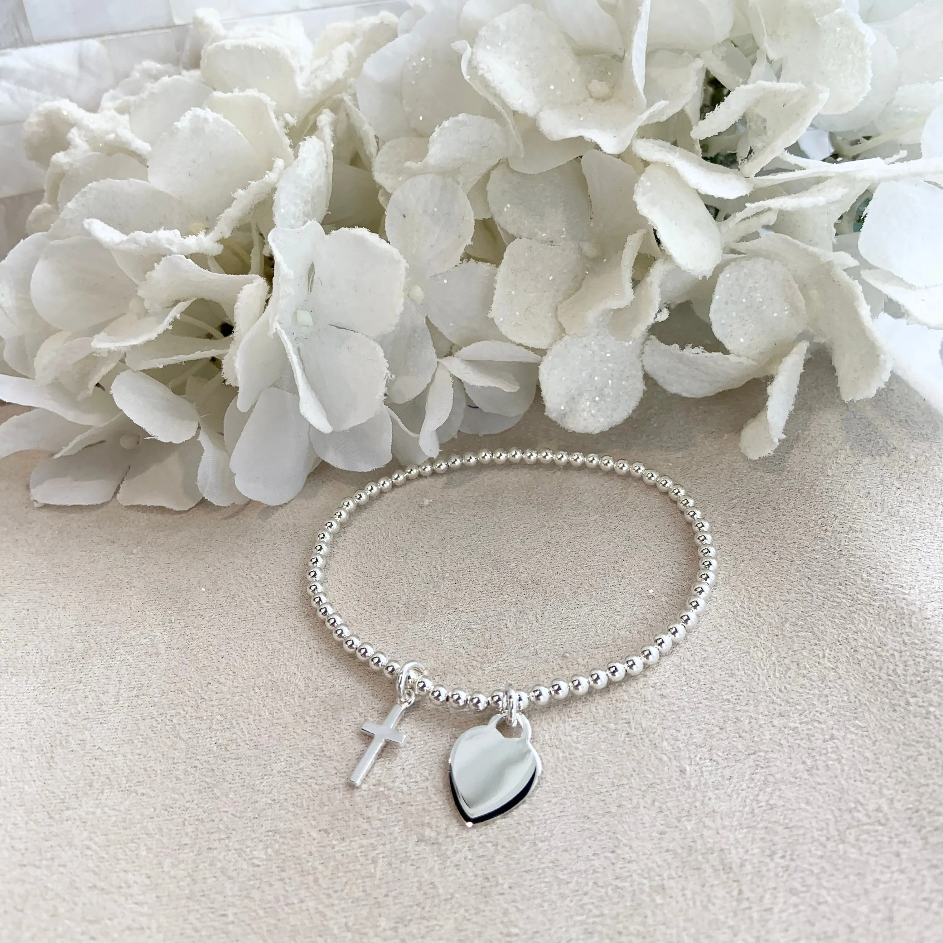 Engravable Heart - 925 Sterling Silver Stretch Bracelet With Cross S, M, L