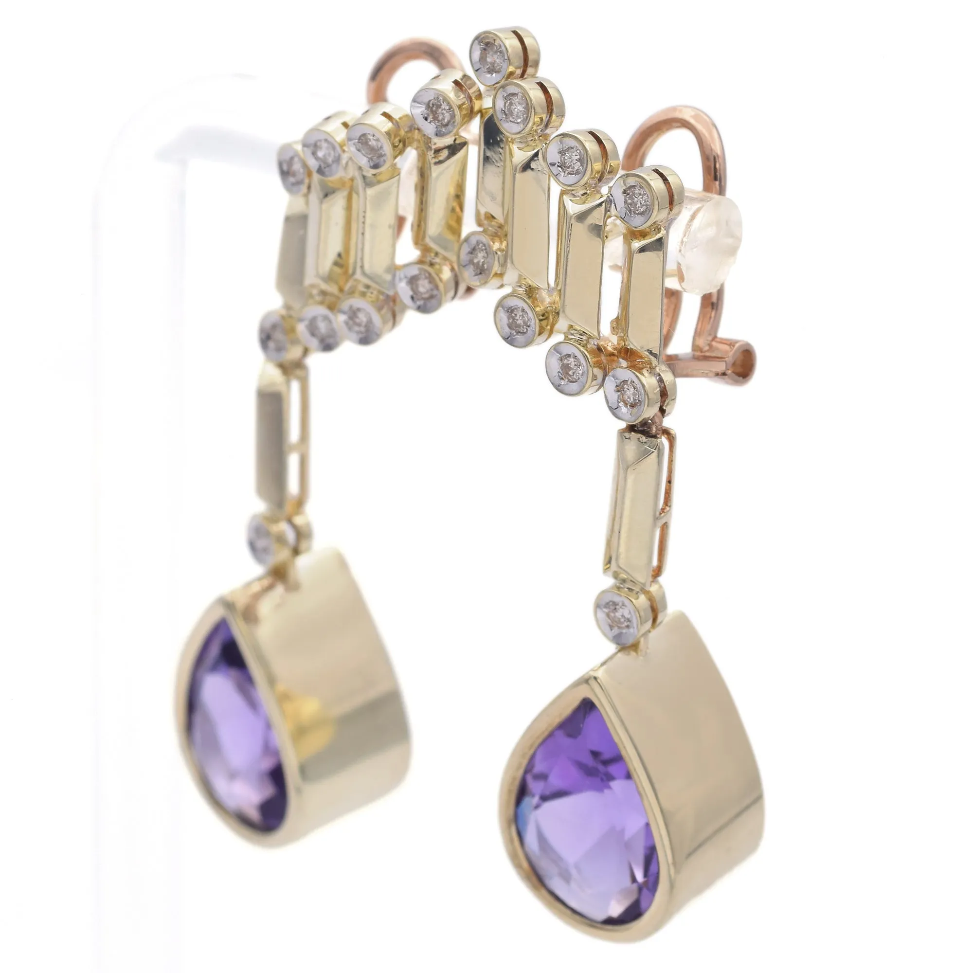 Estate 14K Yellow Gold Amethyst and Diamond Omega-Back Drop Earrings