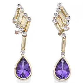 Estate 14K Yellow Gold Amethyst and Diamond Omega-Back Drop Earrings