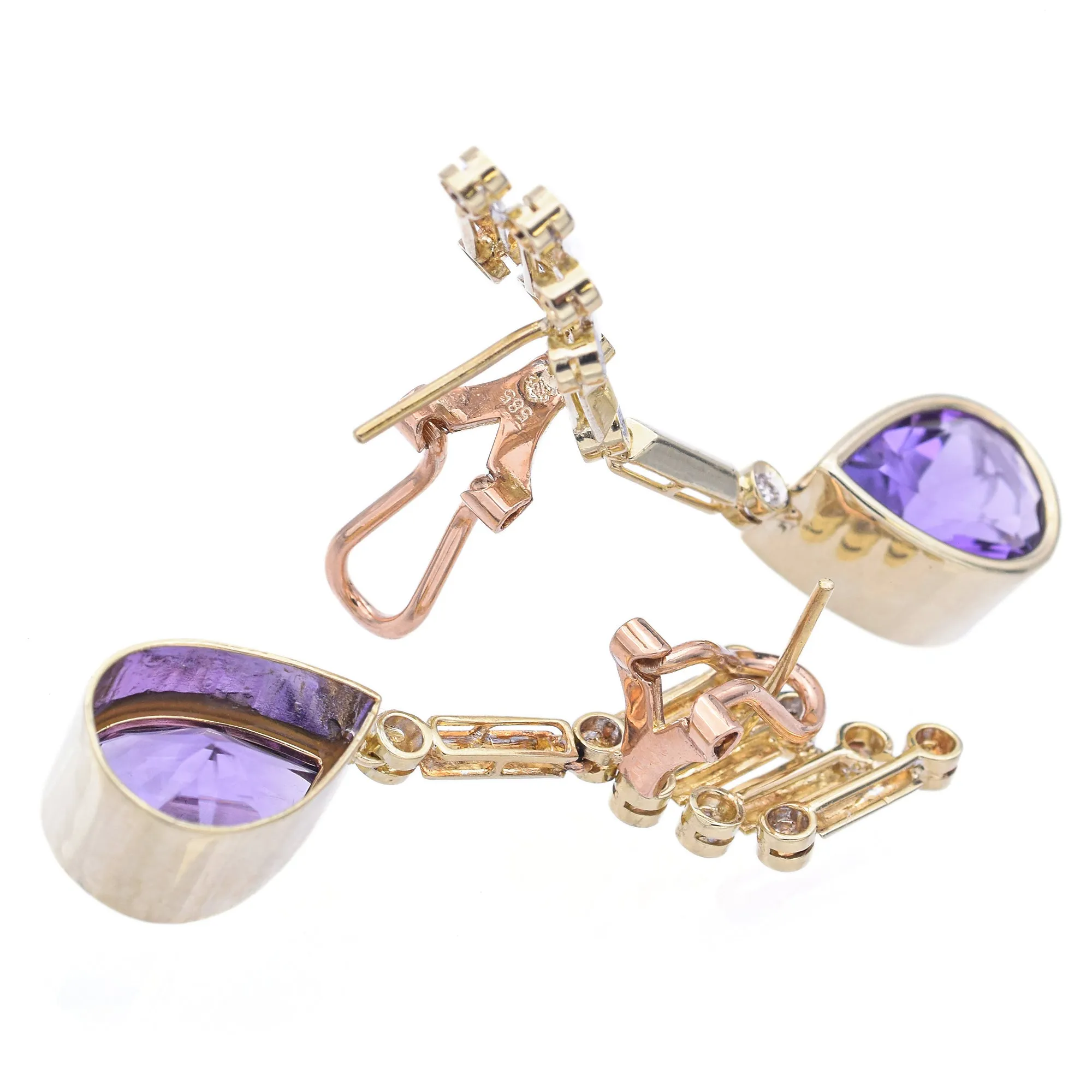 Estate 14K Yellow Gold Amethyst and Diamond Omega-Back Drop Earrings