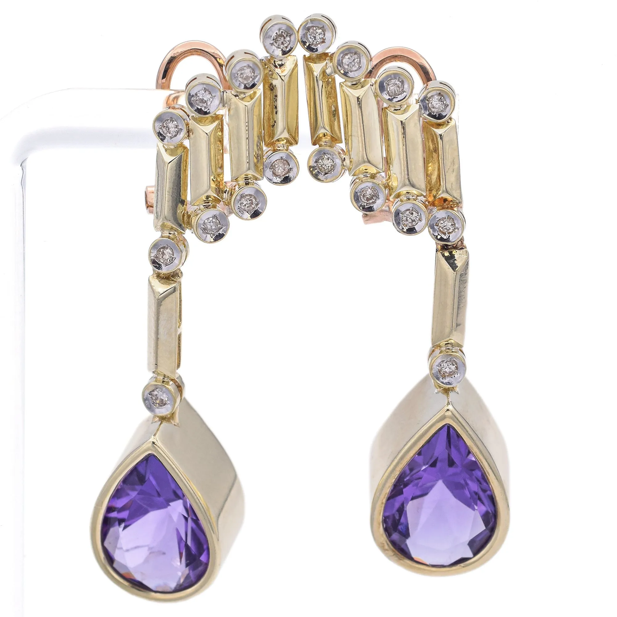 Estate 14K Yellow Gold Amethyst and Diamond Omega-Back Drop Earrings