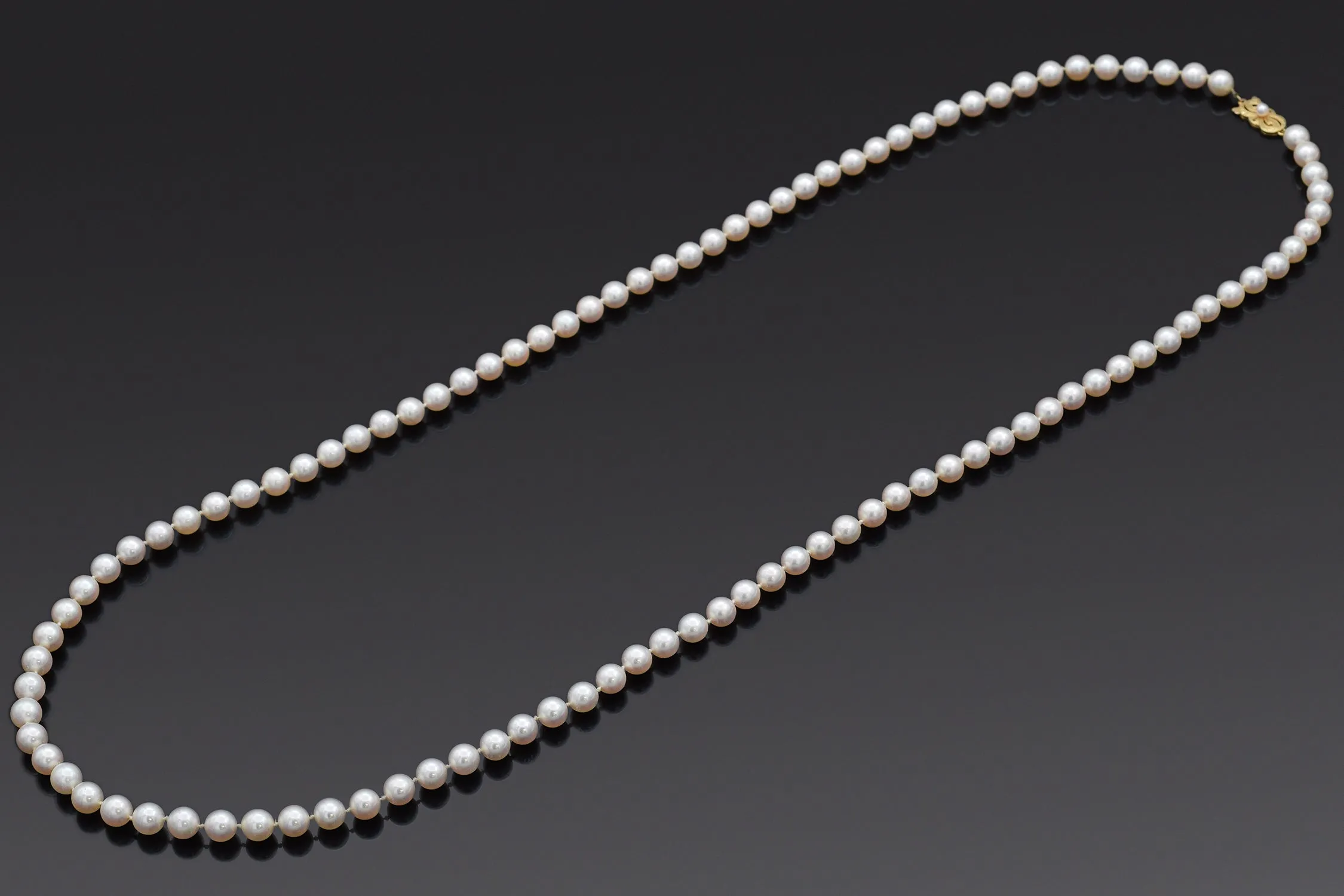 Estate Mikimoto 7.5-8.0 mm Pearl 18K Yellow Gold Beaded Strand Necklace 36Inches