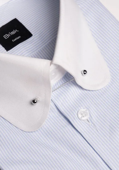 Fine Pastel Blue Twill Stripes Shirt - White Club Collar With Pin