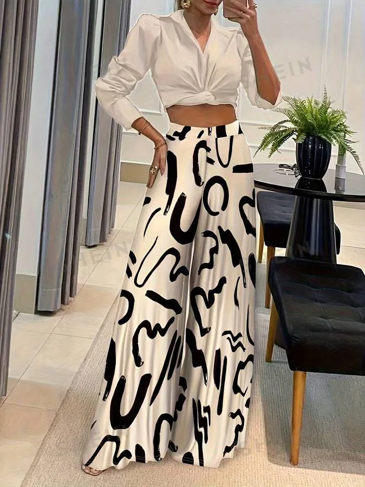 Geometric print loose fit wide leg pants in cream