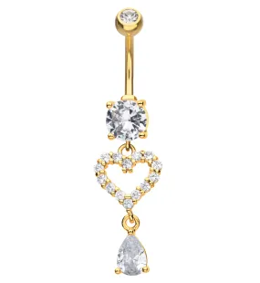 Gold PVD Sweetheart Teardrop Clear CZ Dangle Stainless Steel Belly Button Ring