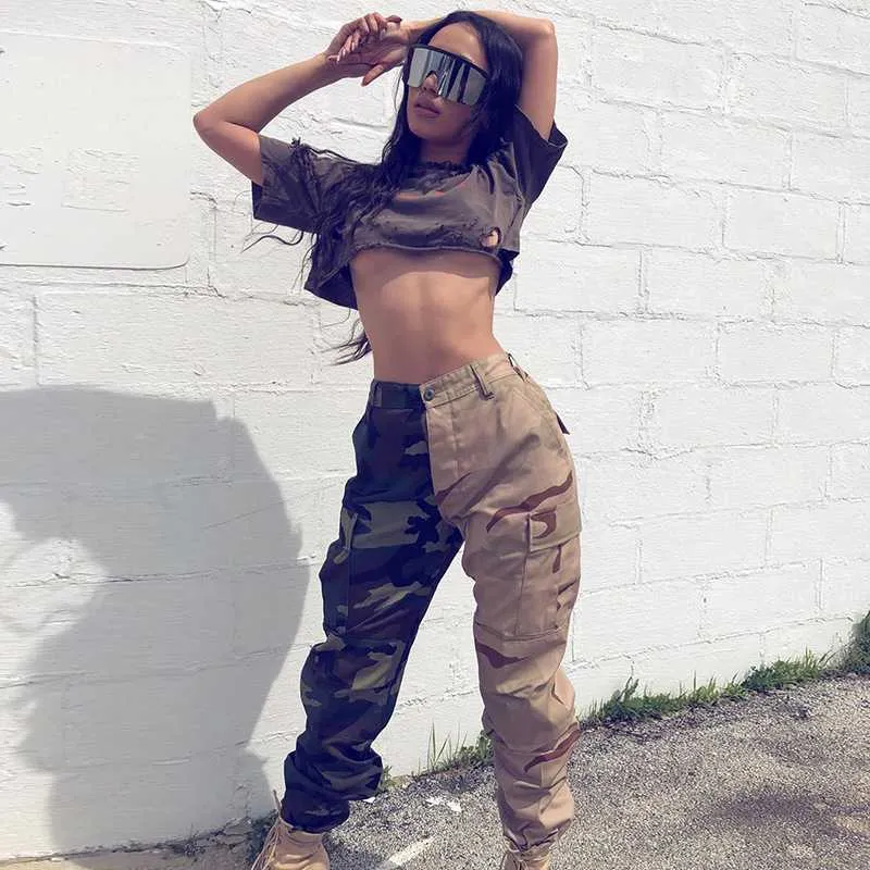 High Waisted Camouflage Cargo Trousers Camo Pants