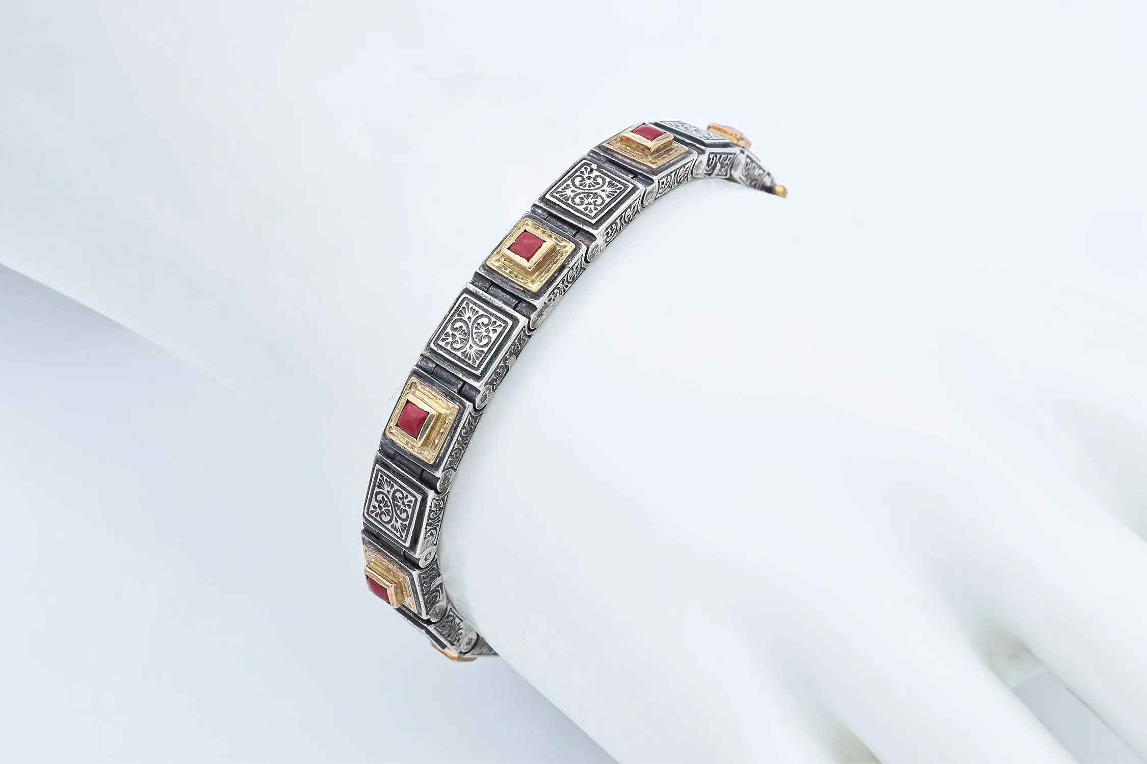 Konstantino Sterling Silver & 18K Yellow Gold Red Coral Square Link Bracelet